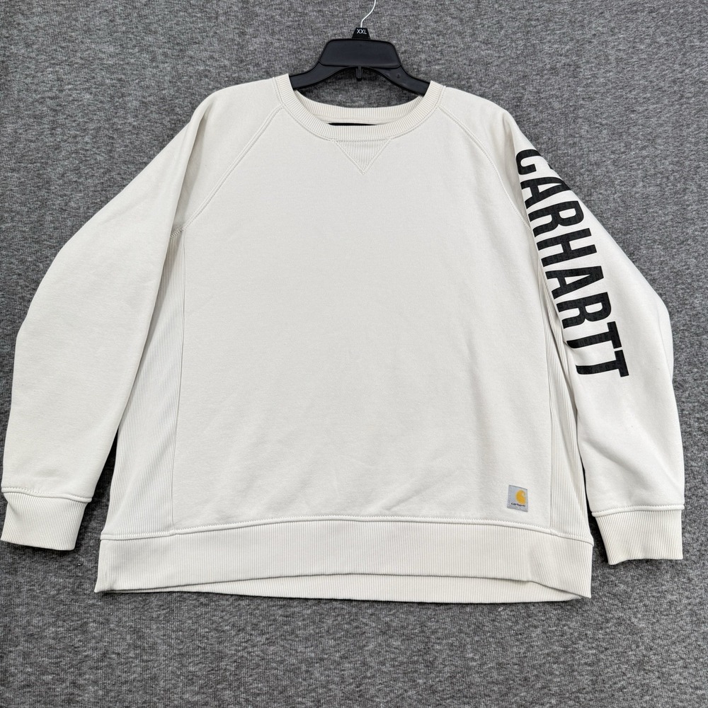 Carhartt Womens Relaxed Fit Crewneck Sweatshirt XL Sleeve Logo Off White 104410